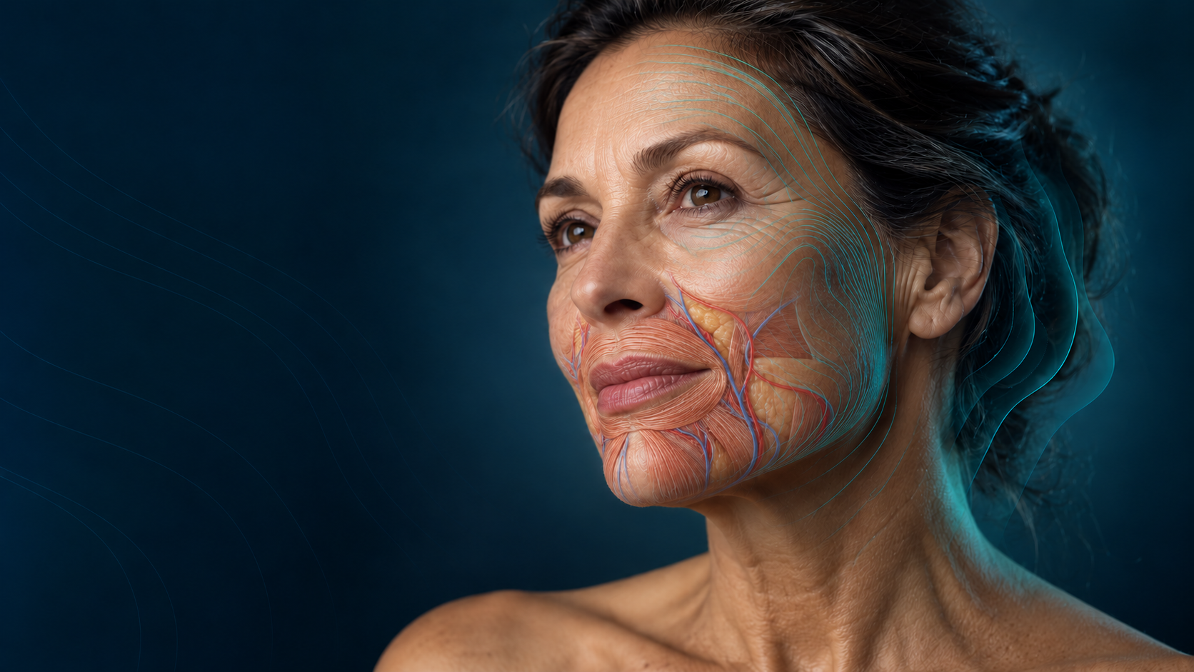 Illustrative lip and peri-oral muscle overlay on a mature face