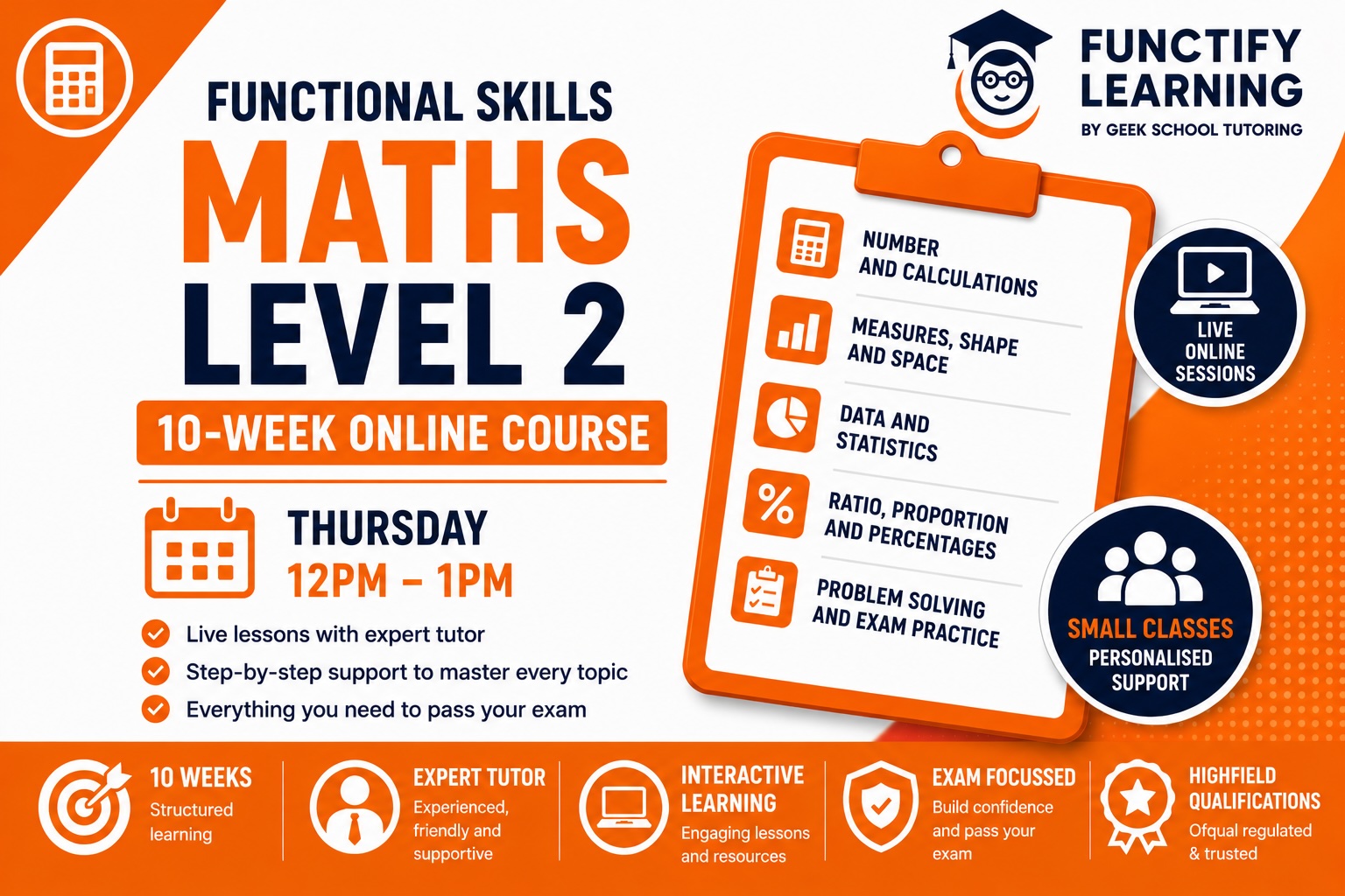 Product image for Functional Skills Level 2 Maths 10-Week Online Course (Thursday 12-1pm)