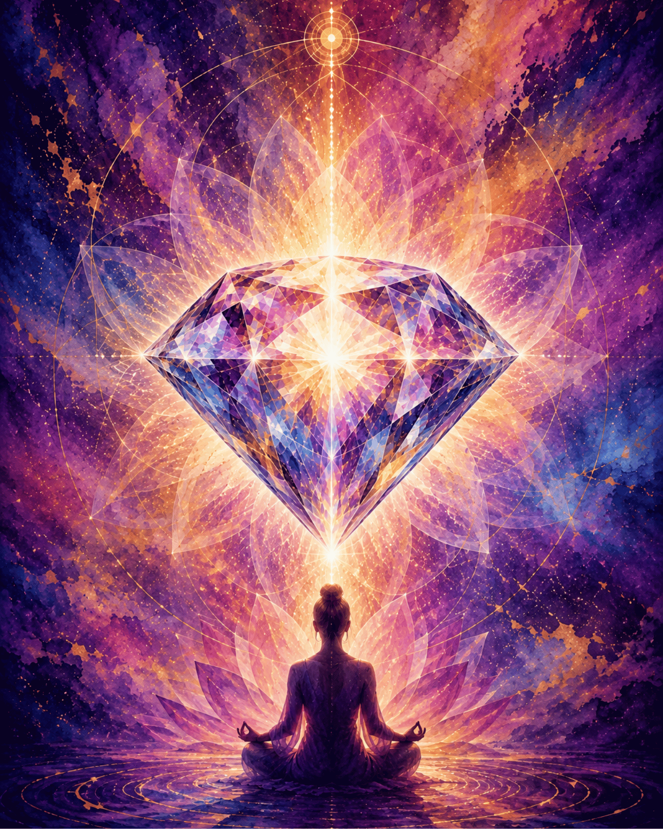 Colorful faceted diamond glowing above a meditating figure, surrounded by purple, pink, blue and gold abstract light and sacred geometry.