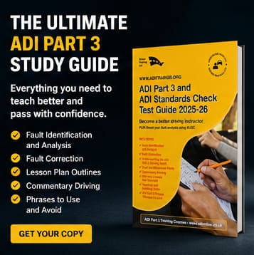  ADI Part 3 Marking Sheet Explained     Become a better teacher and more confident of passing the ADI PART 3 TEST   Understanding the ADI Part 3 marking sheet is one of the best ways to give yourself the best chance of passing the ADI Part 3 test  The ADI part 3 test is now in what we call Standards check format, this means is that you will need to take a pupil with you and conduct a real driving lesson with the senior examiner watching from the back.   This course goes through section by section what is required from you to be able to pass