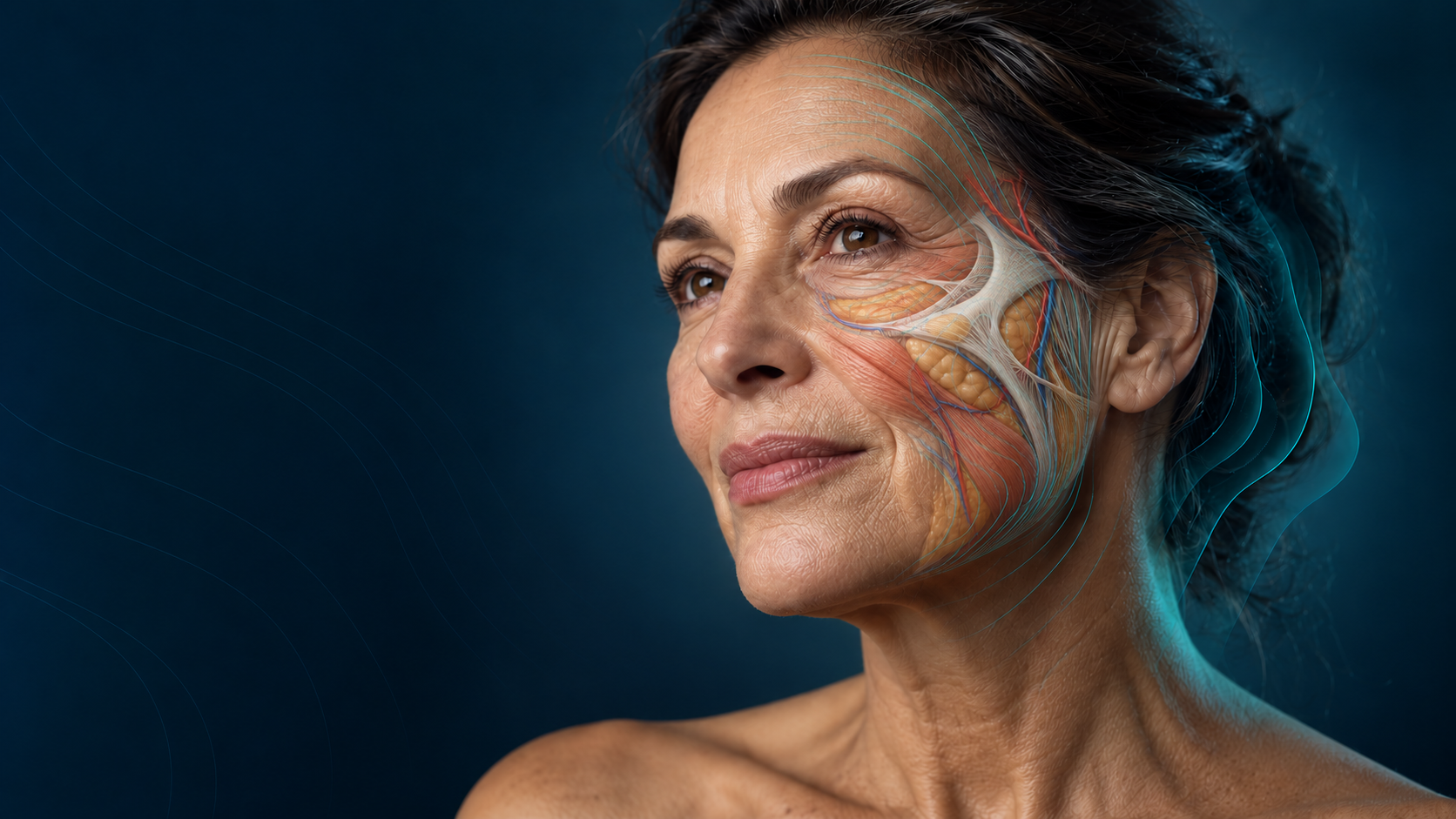 Illustrative cheekbone and mid-face support layers on a mature face