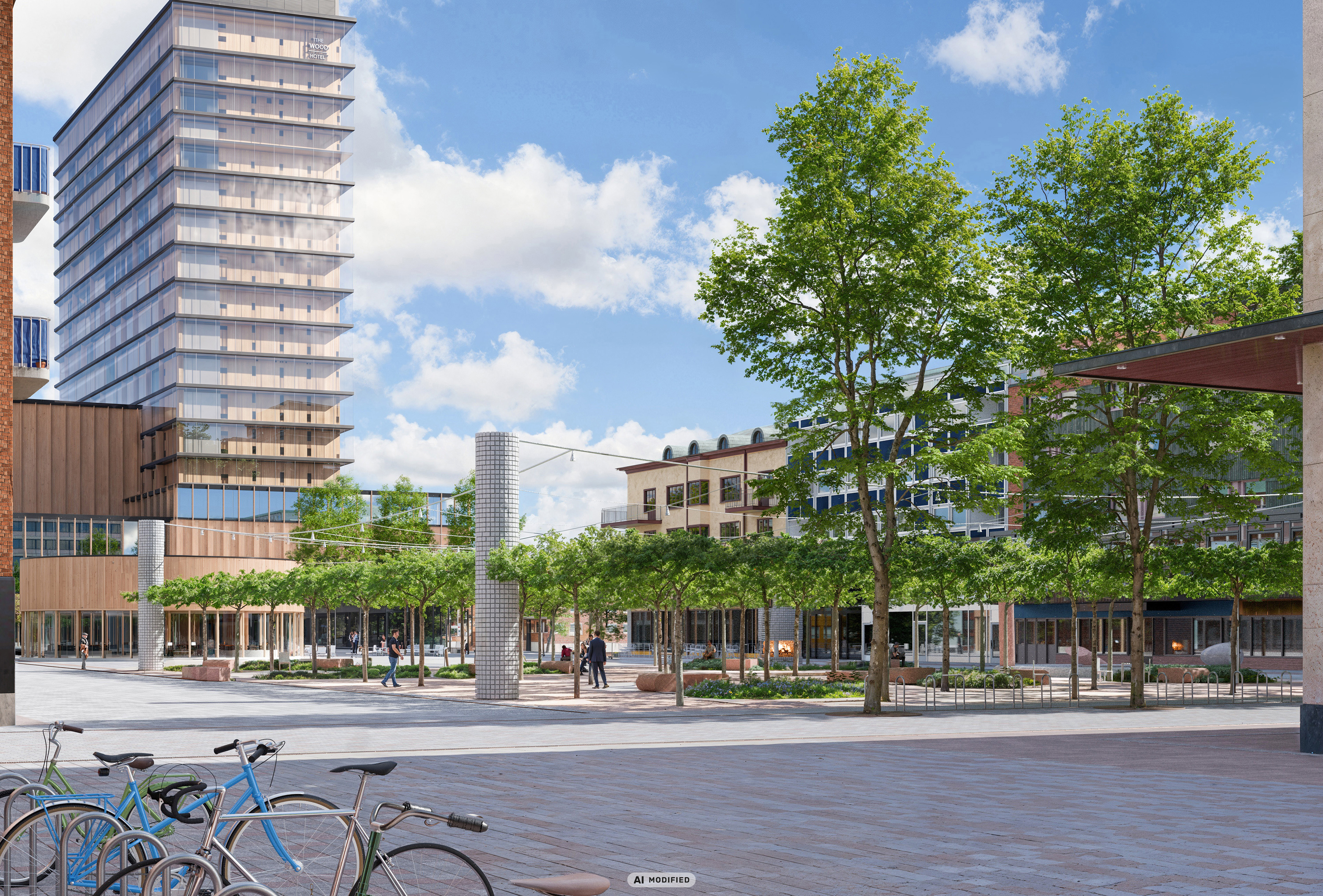 AI-refined visualization of a tree-lined public square with a glazed tower, pedestrians and bicycles in the foreground.