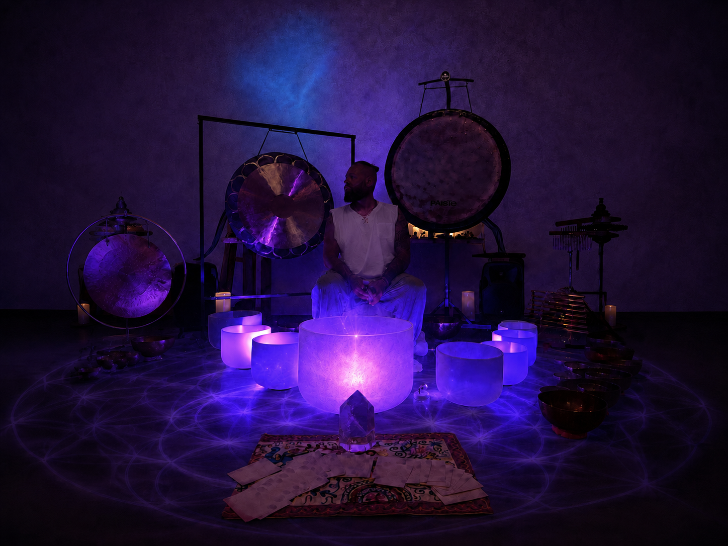 Gongs and crystal singing bowls glowing purple, used for closing a space holding session
