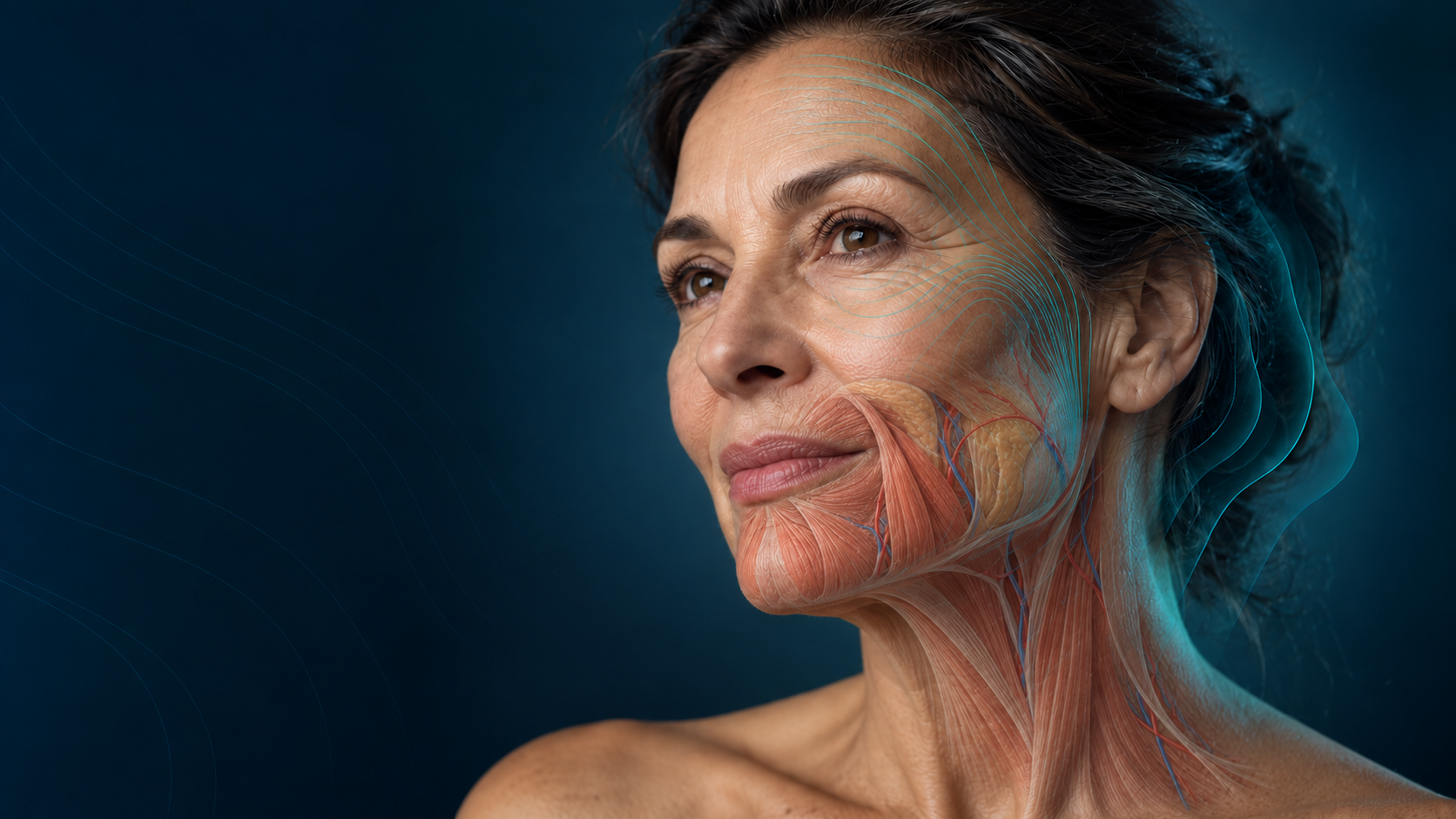 Illustrative lower-face and neck muscle overlay on a mature face