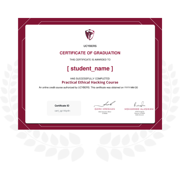 Practical Ethical Hacking Course Certificate