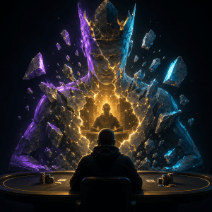 Shattered godlike figure representing the collapse of imposter syndrome in poker
