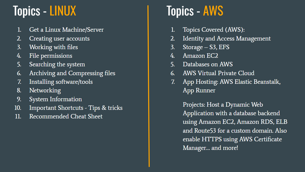 Topics covered in the Linux and AWS course.