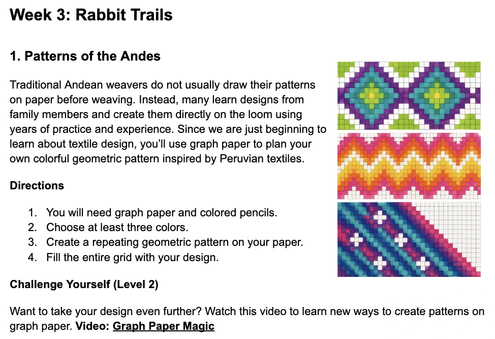 The MM2 Week 3 Rabbit Trail Patterns of the Andes, with three woven pattern designs
