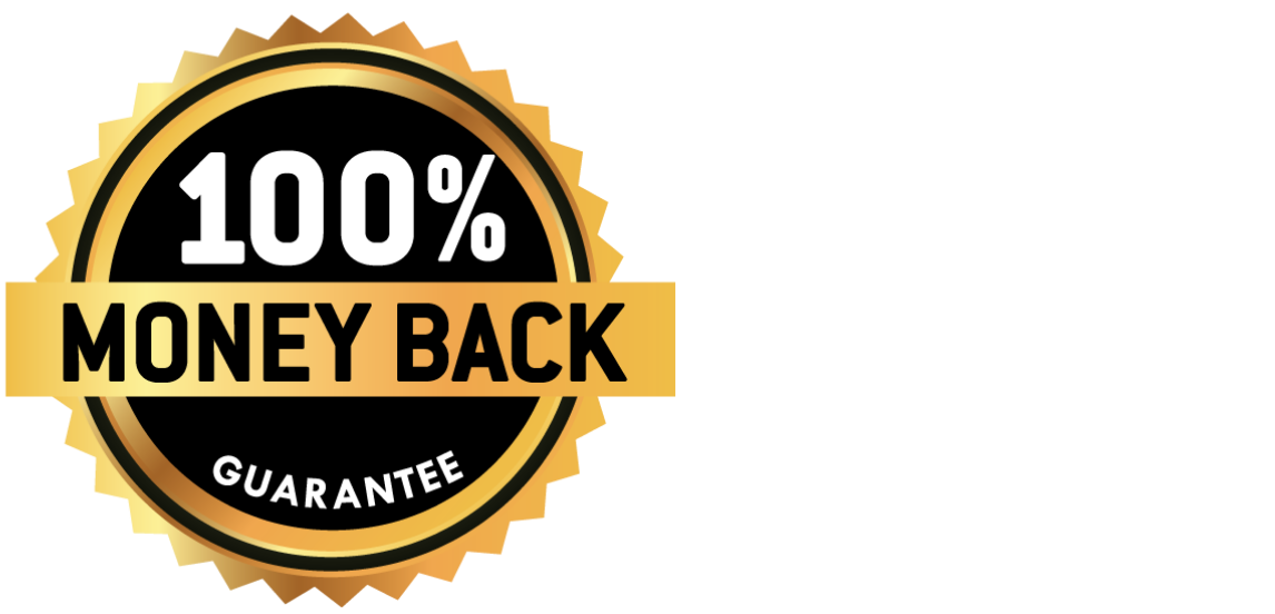 A golden seal reading 100% Money Back Guarantee