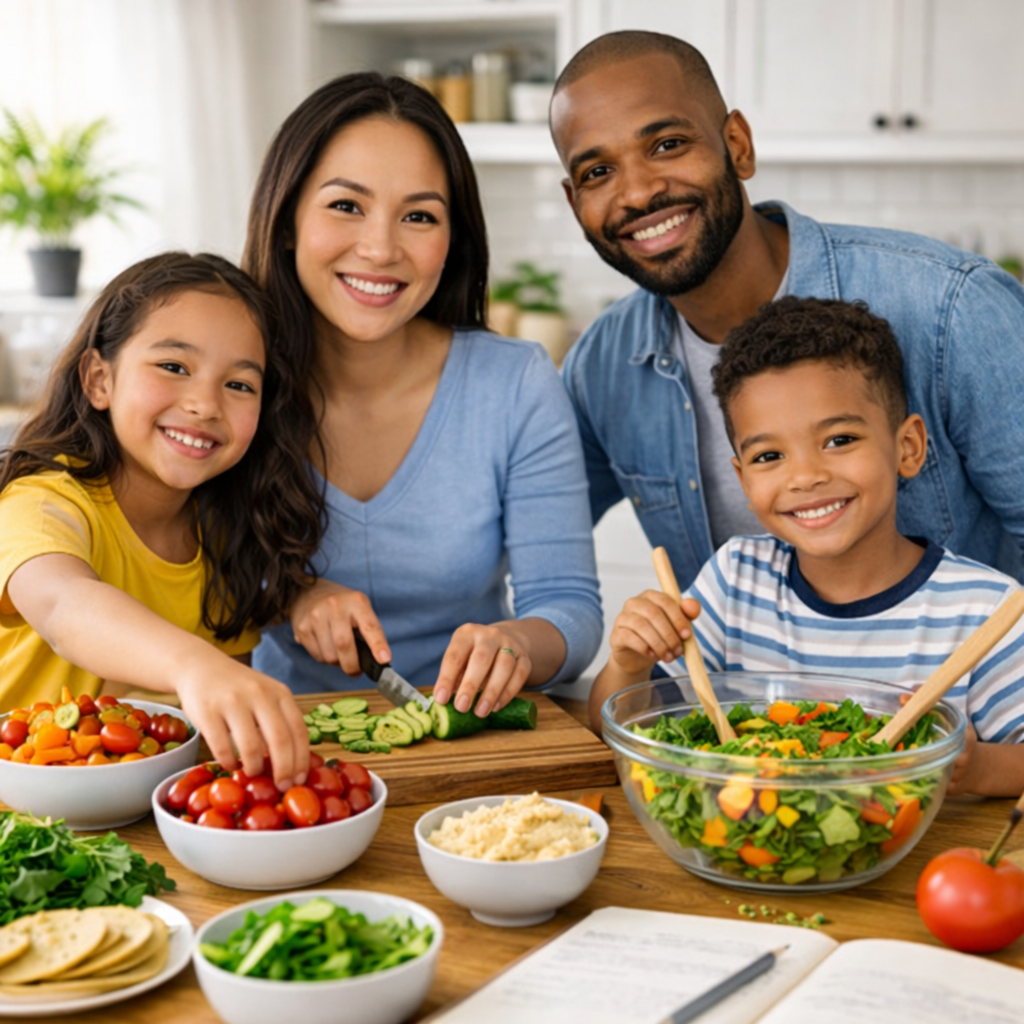 A happy family making healthy food.