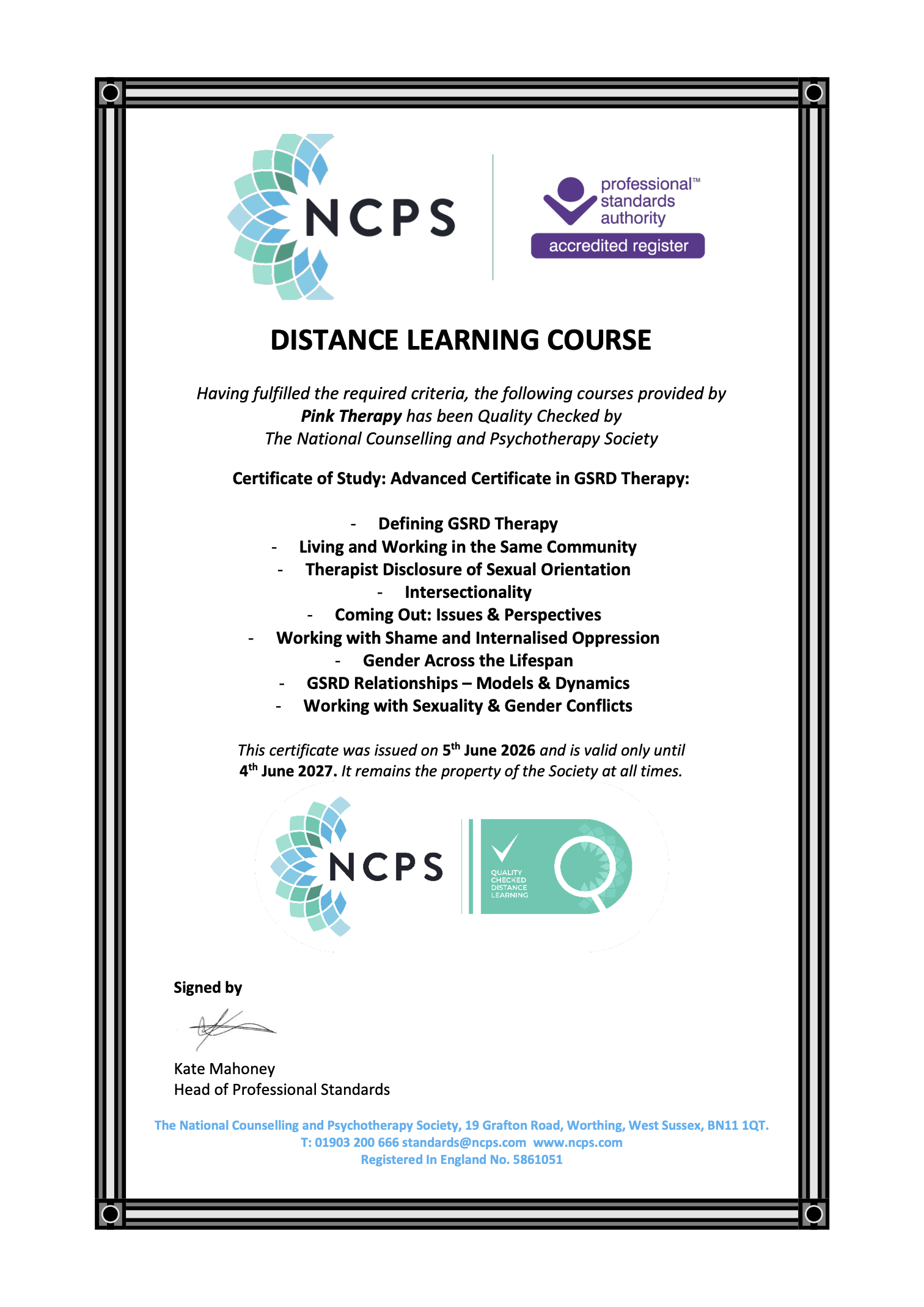 NCPS Certificate Quality Checked Distance Learning