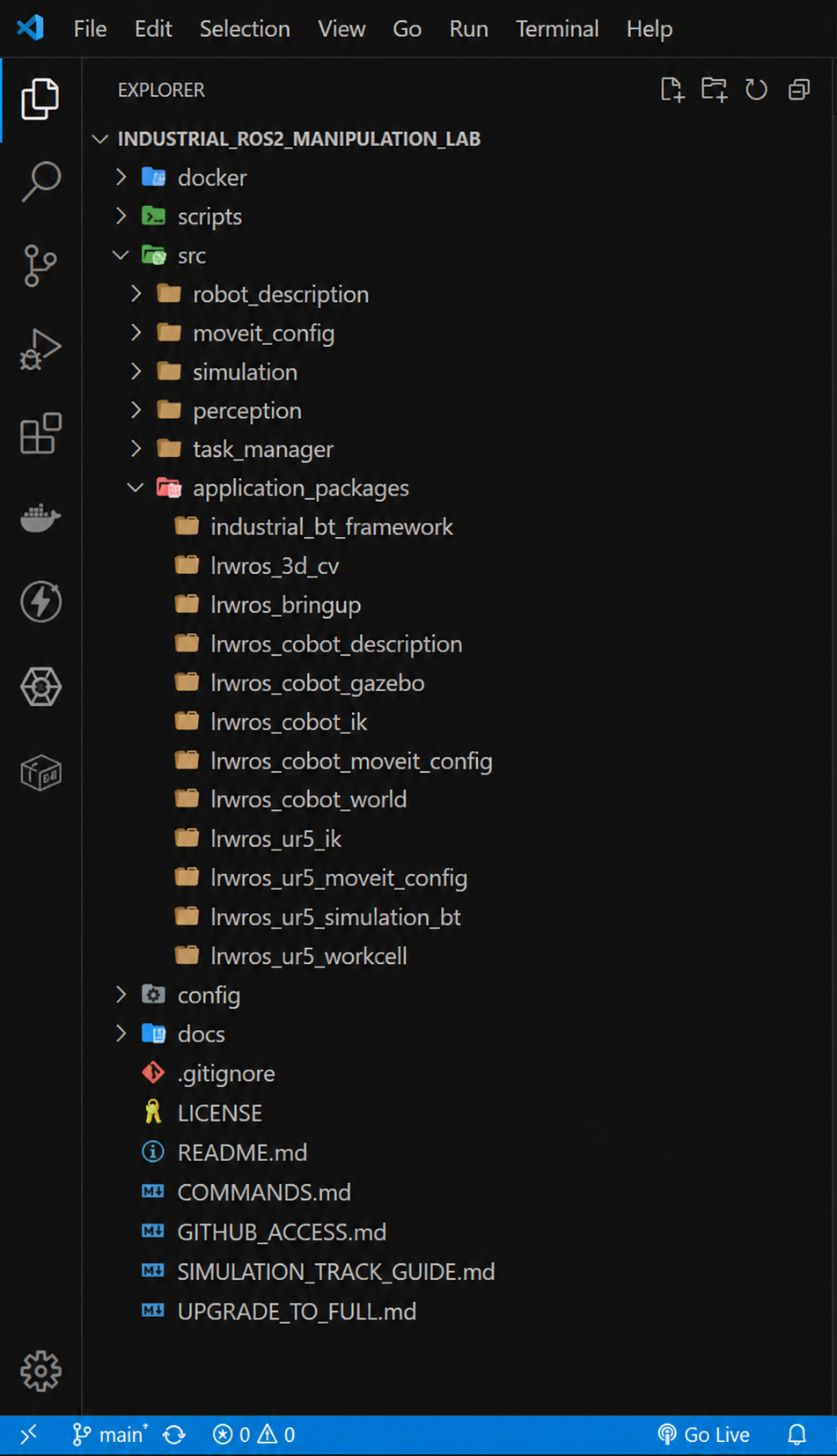 Visual Studio Code showing the Industrial ROS2 Manipulation Lab repository structure, including Docker, scripts, ROS2 packages for robot description, MoveIt2, simulation, perception, Behavior Trees, configuration files, and documentation.