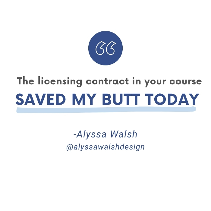 Testimonial about how Elizabeth Silver's surface pattern pro contract kit helped a designer who needed a licensing contract.