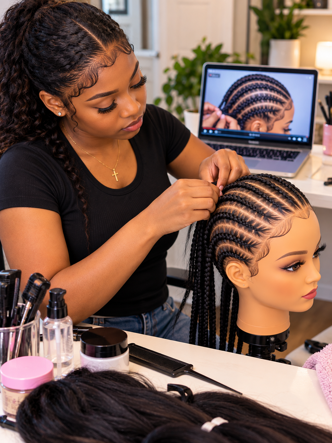 Young Black woman practicing cornrow braiding on a mannequin head at home, with a laptop showing a braiding tutorial and hairstyling tools and supplies on the table.