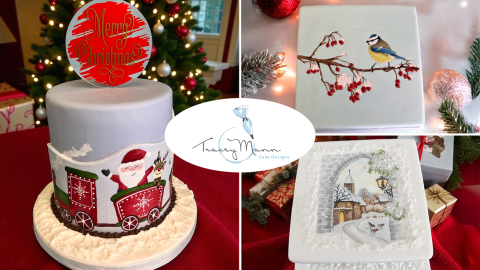 Product image for Blue tit, Christmas Train and Winter Scene Cake Painting