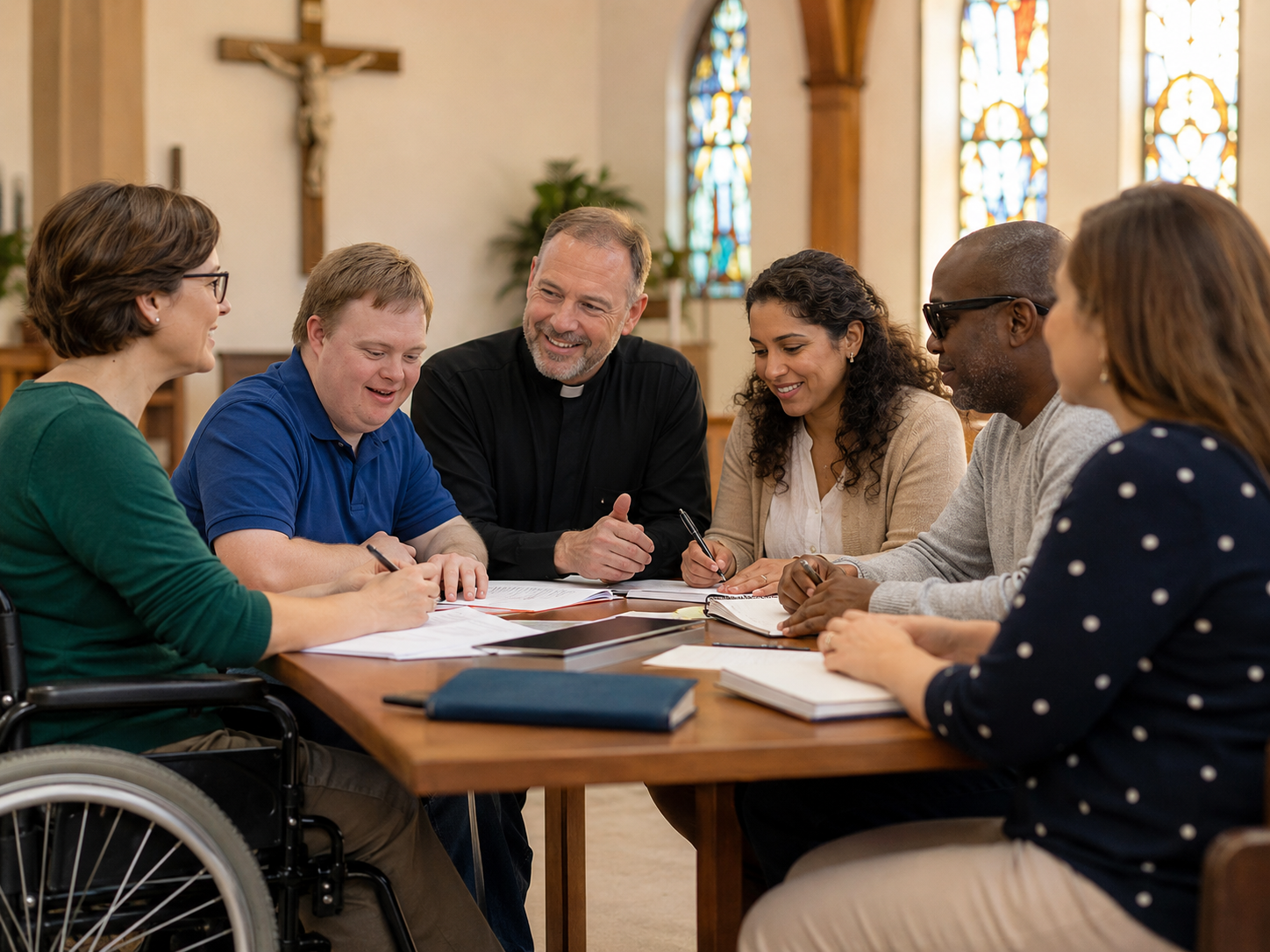 6 people in a church hall working around a table