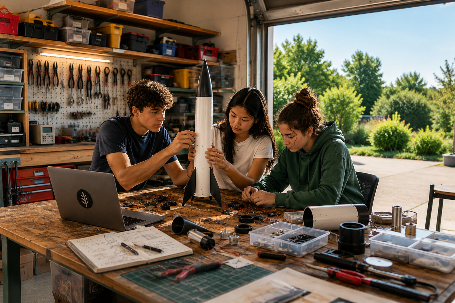 Teenagers building a model rocket in an organised home garage workshop