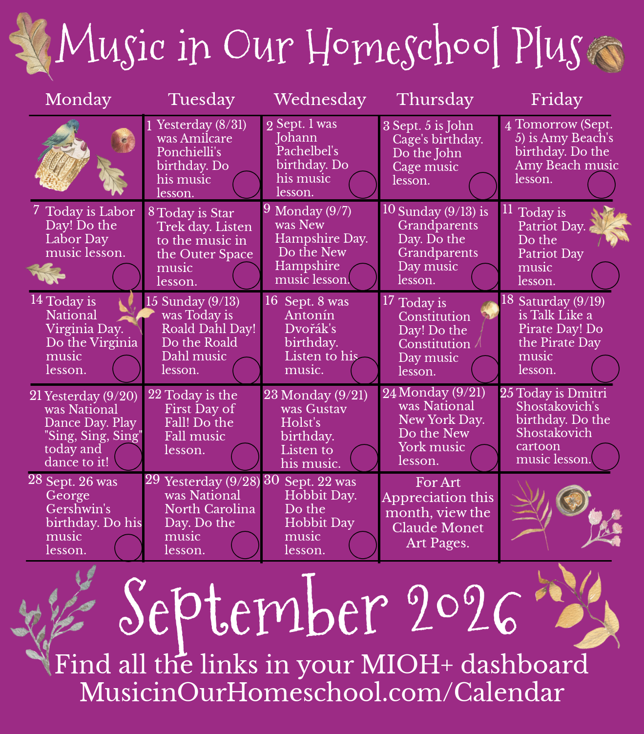 MIOH+ August 2024 Music Lesson Calendar