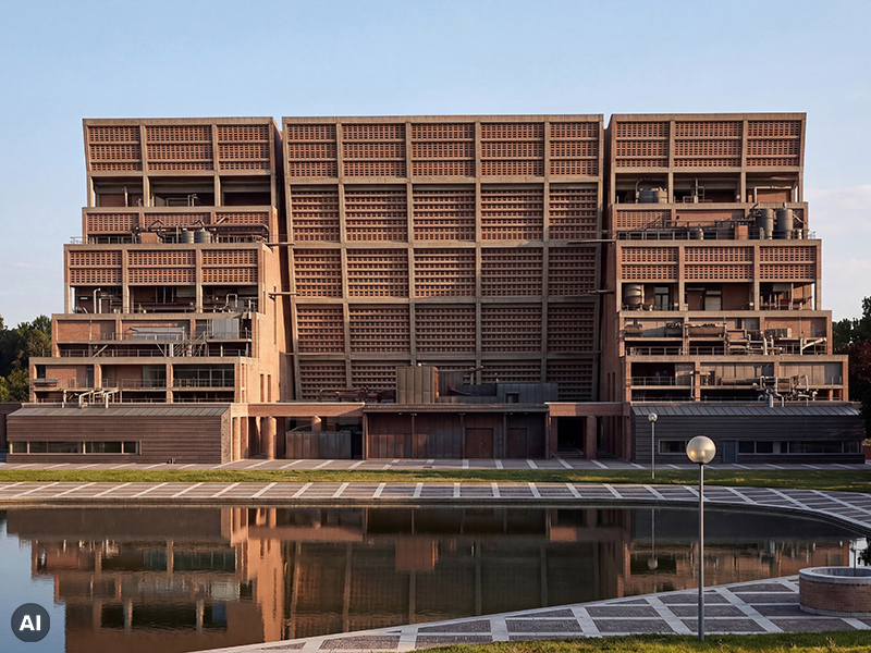 AI-generated terracotta material study applied to an industrial building, with slatted facades and exposed structural frames.