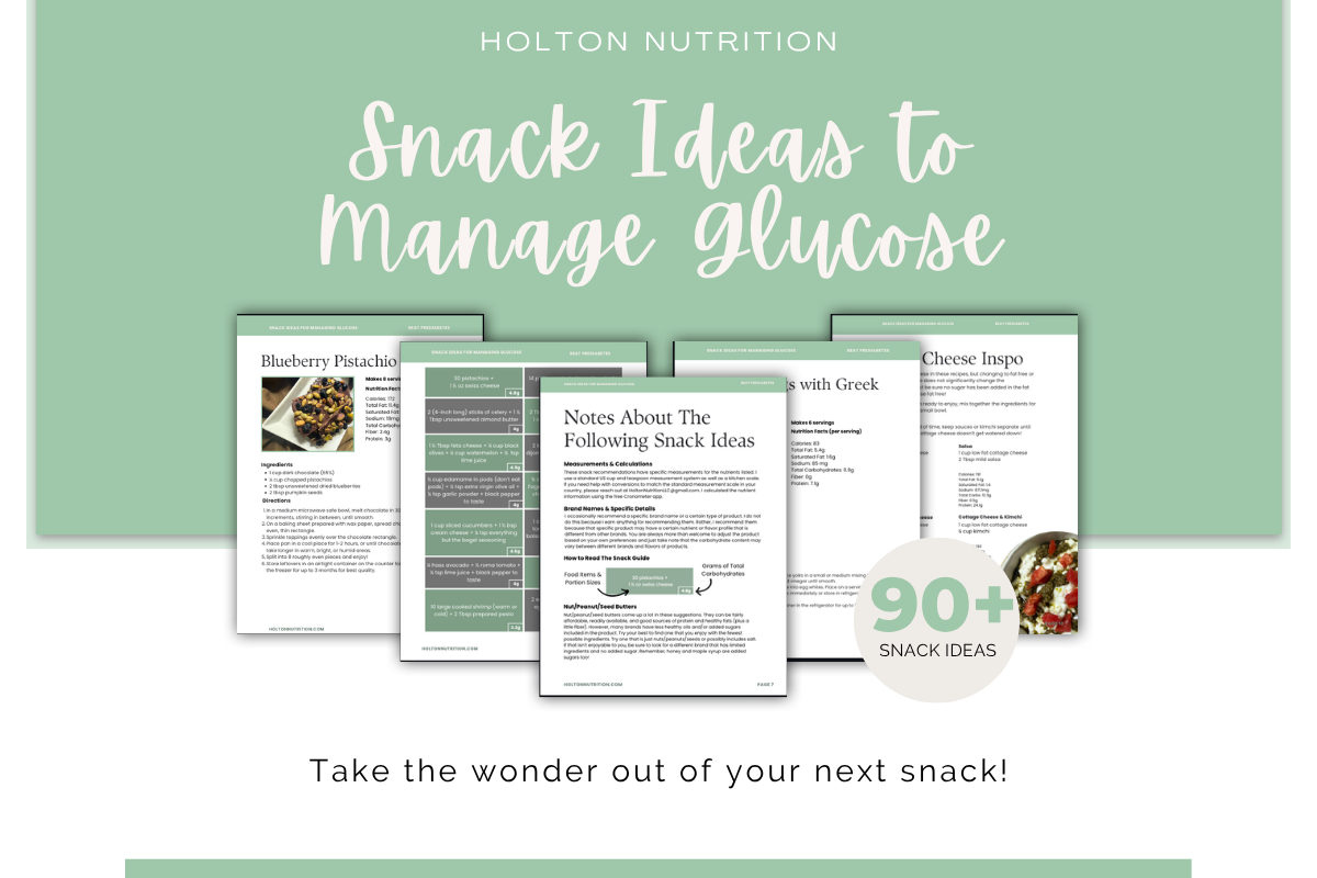 Images of various pages in the snack guide. Title Snack Ideas to Manage Glucose