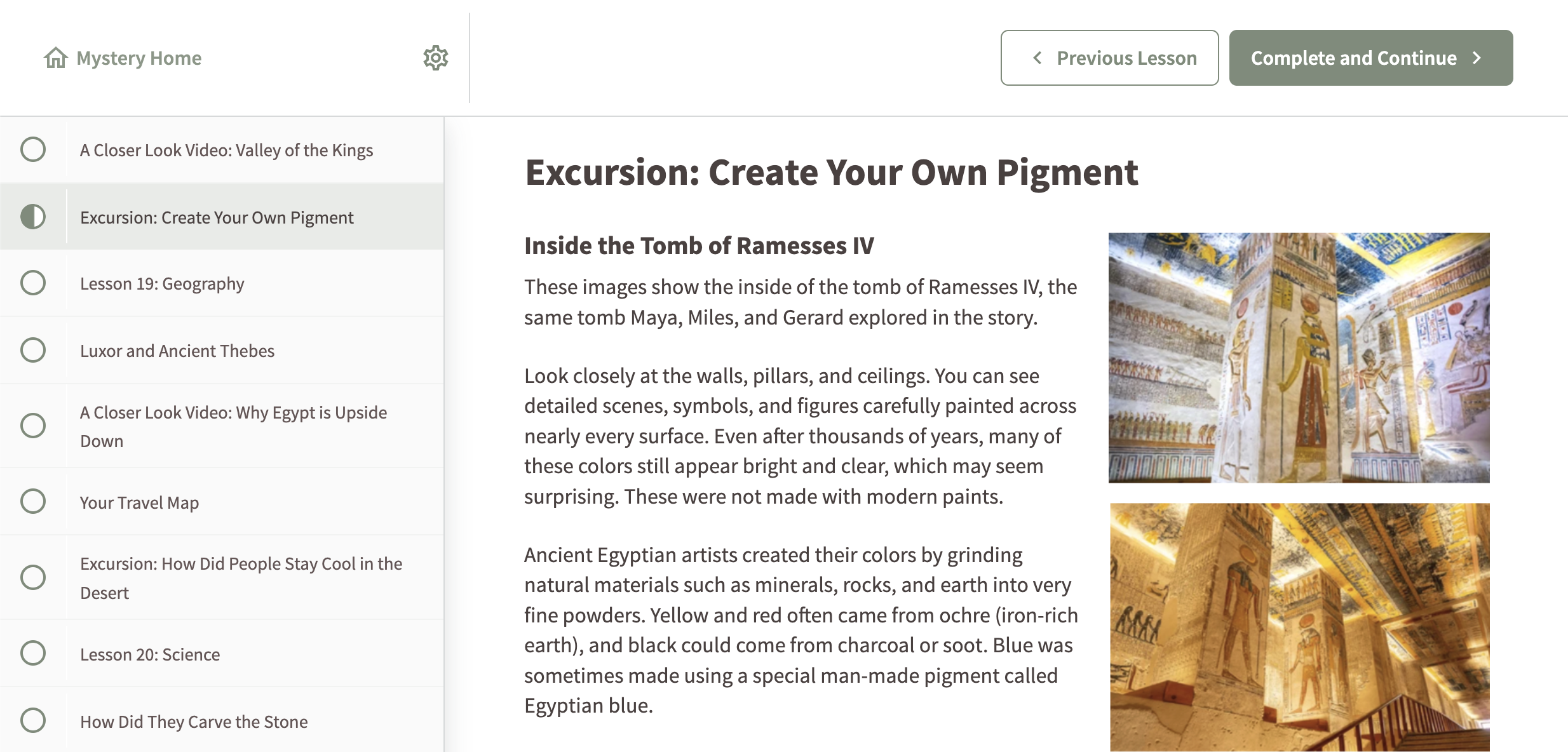 The Create Your Own Pigment lesson page in The Case of the Pharaoh's Puzzle course