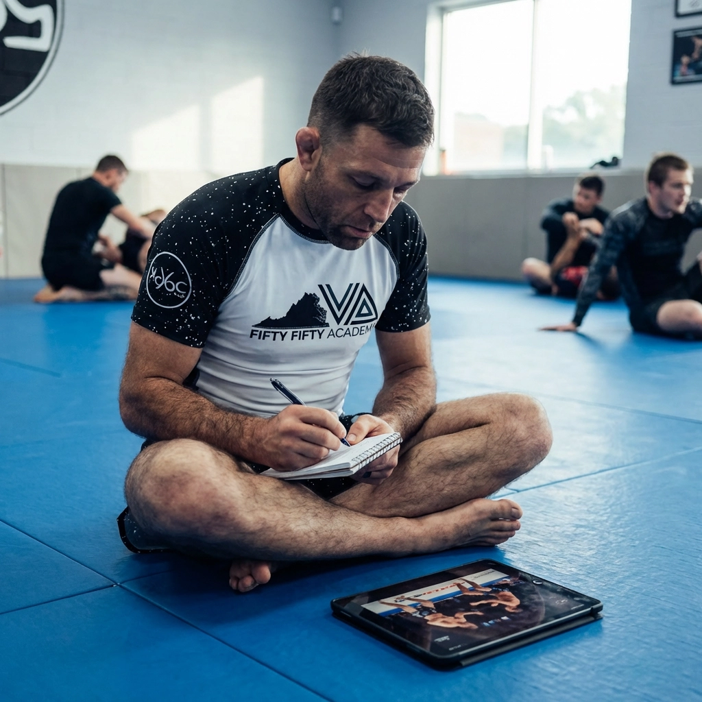 Ryan Hall sitting on the mats in the training room, writing notes in a notepad