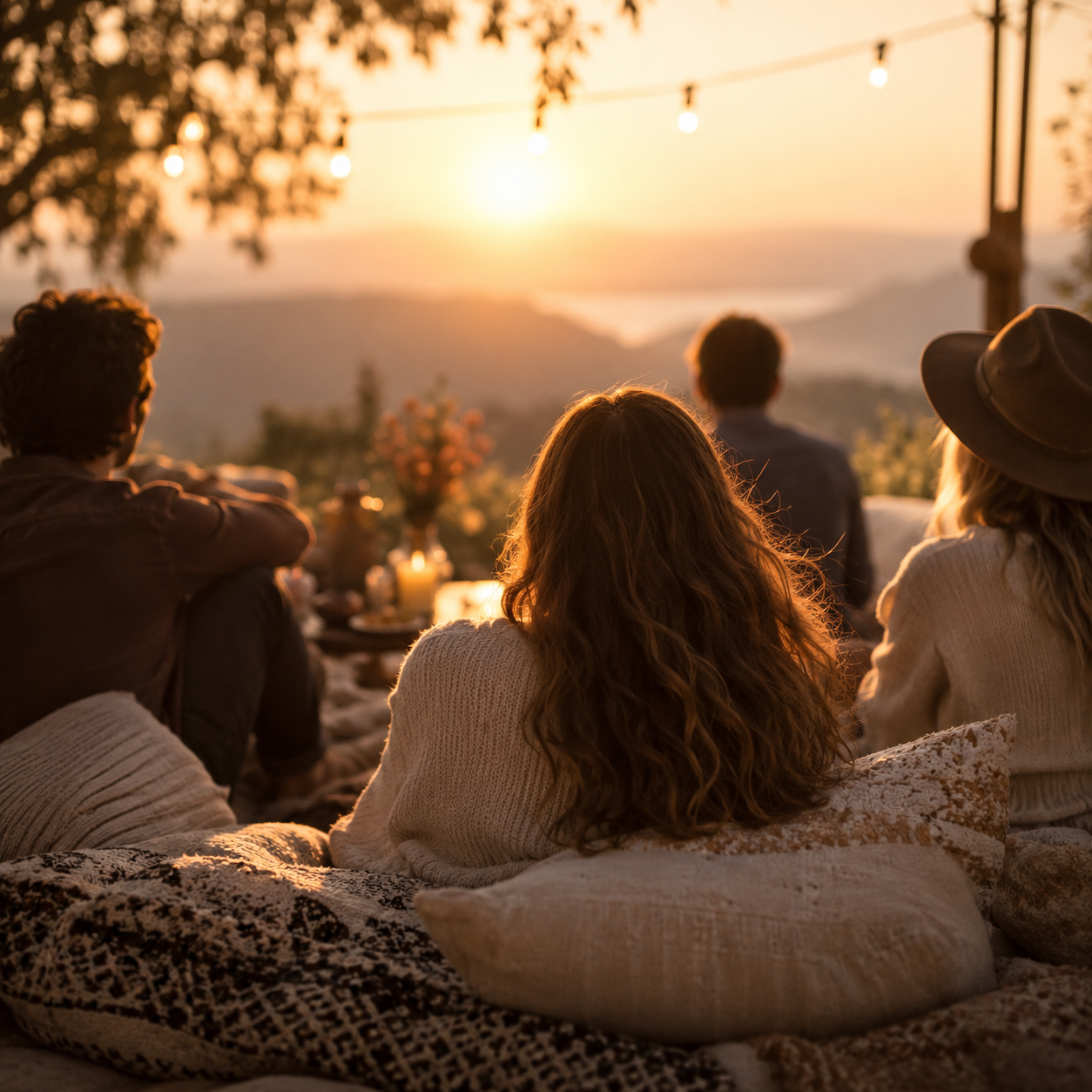 A small group gathered together at sunset