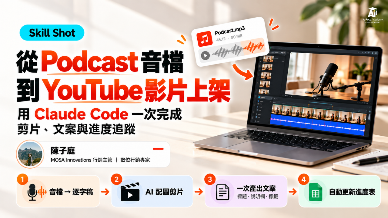 Skill Shot 15｜從 Podcast 音檔到 Youtube 上架：用 Claude Code 一次完成剪片、文案與進度追蹤 的產品圖片