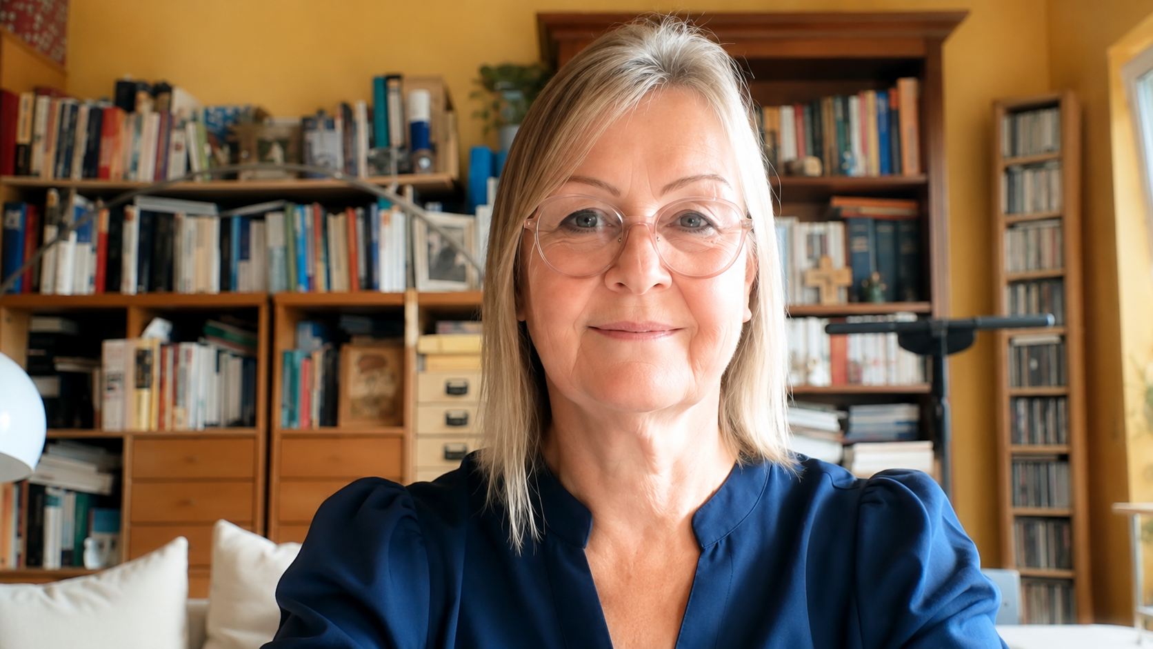Federica Brandenburg in a warm living room with bookshelves