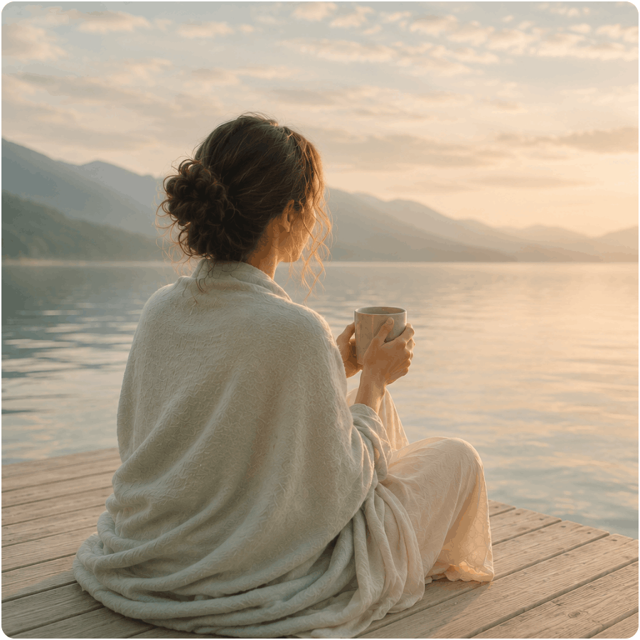 Woman sitting quietly by a peaceful lakeside at sunrise, holding a warm mug and enjoying a moment of stillness.