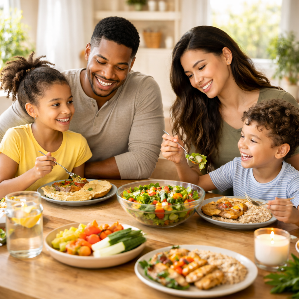 A family eating happily.