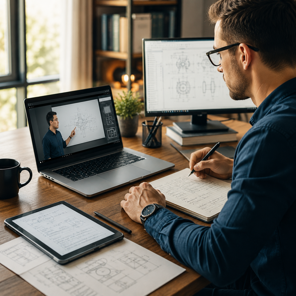 Technical professional completing online learning with engineering notes, laptop training video, technical drawings, and digital course materials.