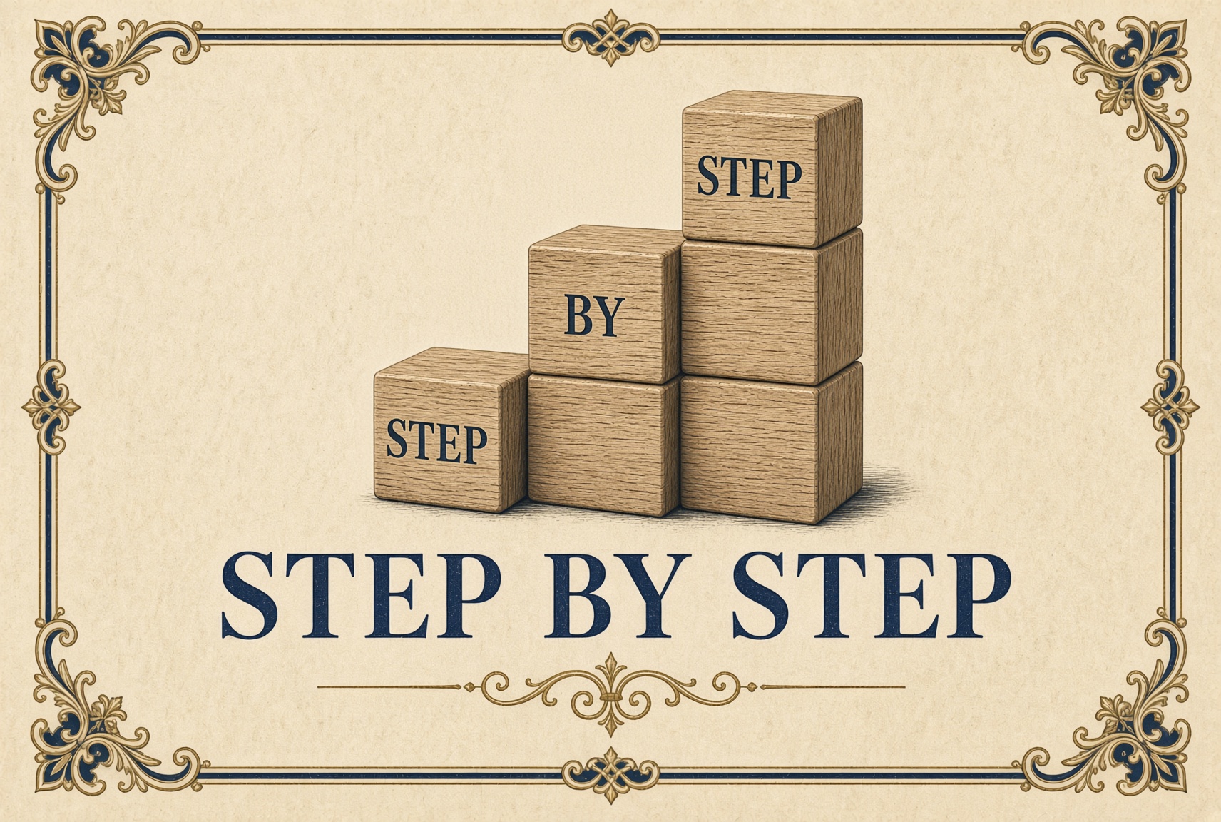 A stack of blocks arranged to look like three steps with the message step by step to suggest the licensing process consists of a number of steps