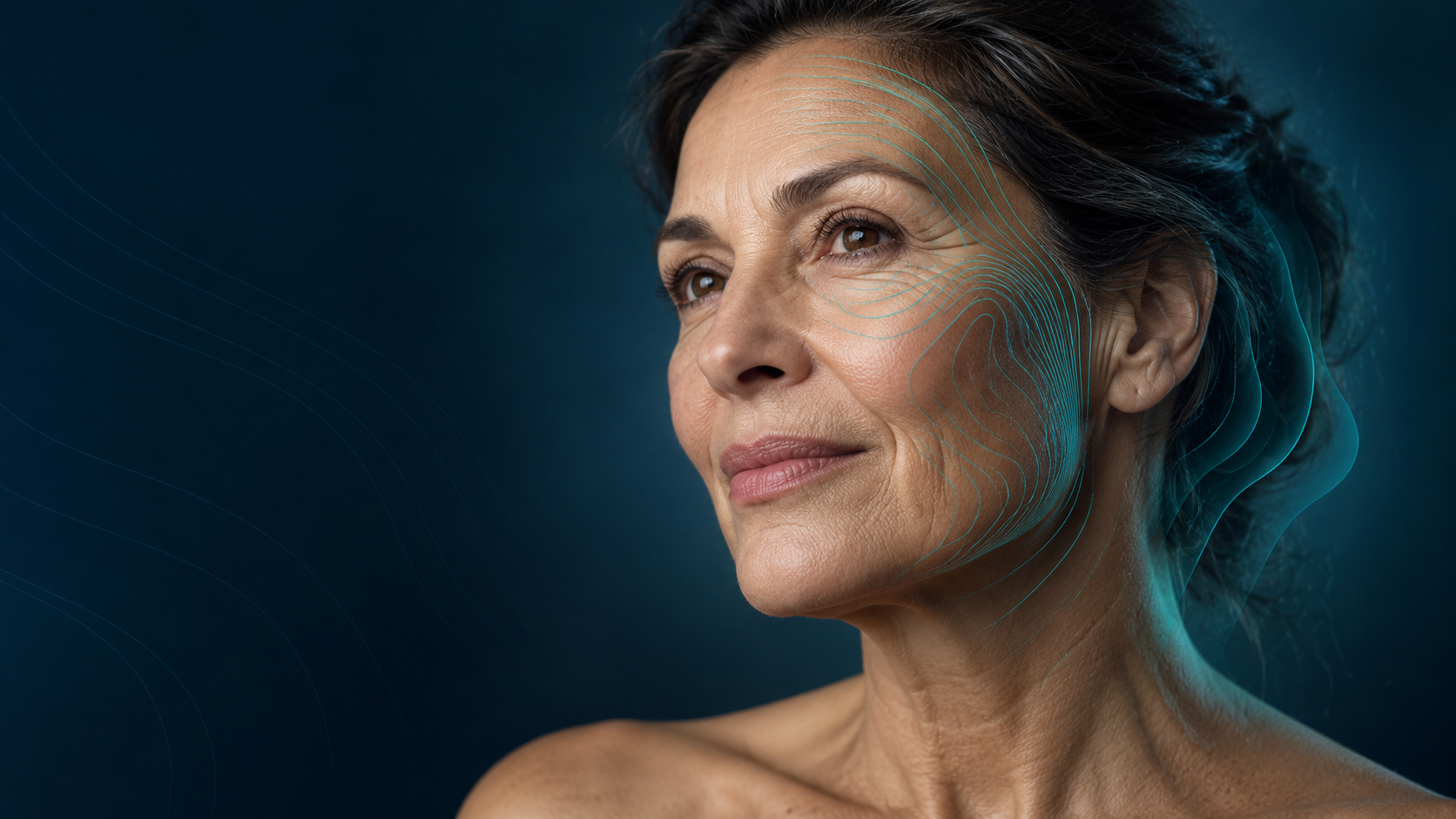 Mature face with subtle teal topographic contours, inspired by the study of facial ageing