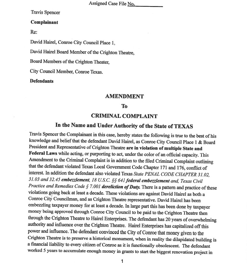 Product image for 1st Amendment to the Criminal Complaint "Crighton Theatre"