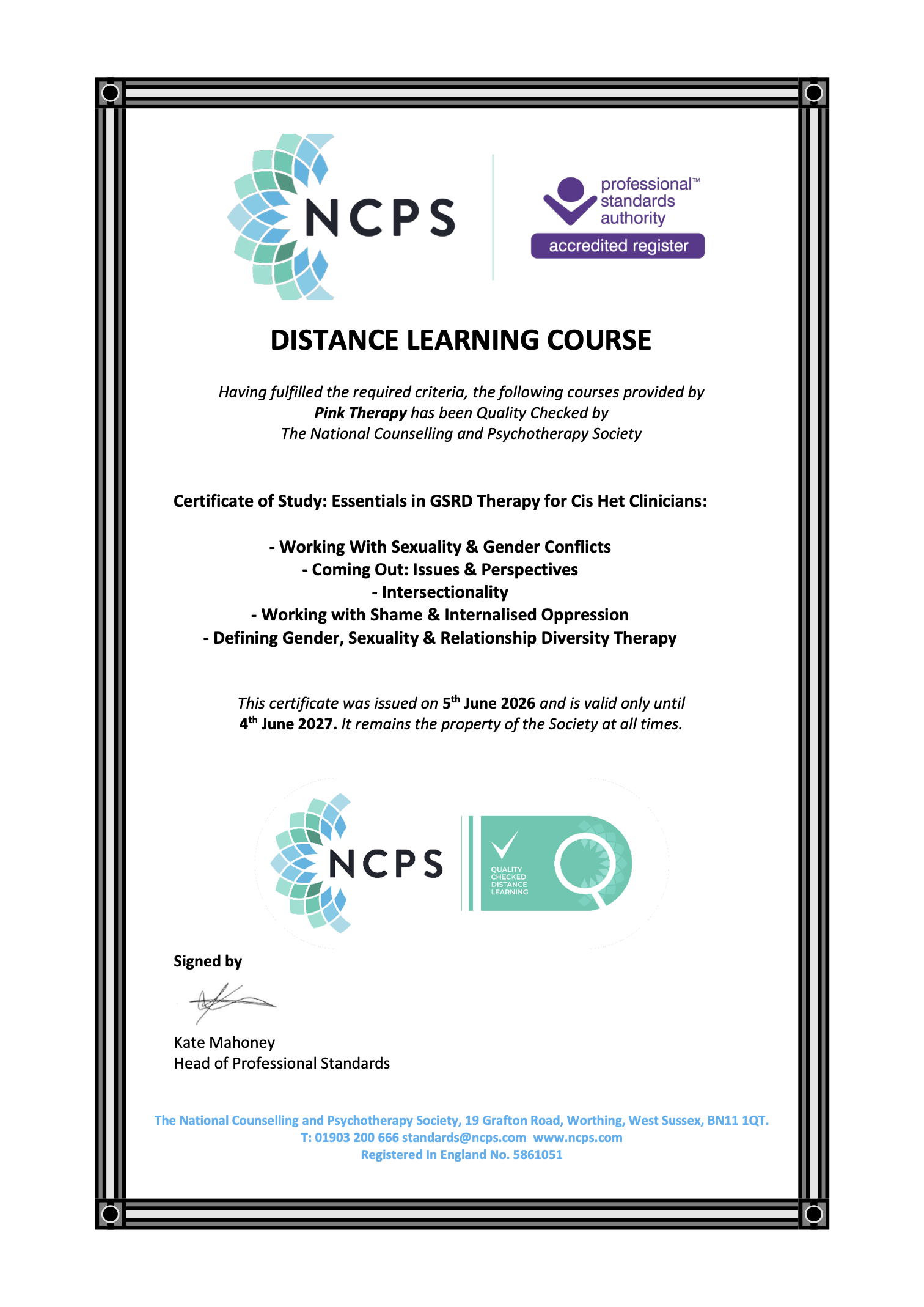 NCPS Certificate Quality Checked Distance Learning
