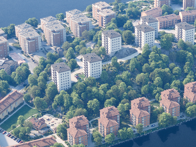 Cropped aerial architectural visualization of Reimersholme showing apartment blocks arranged among trees on an island.