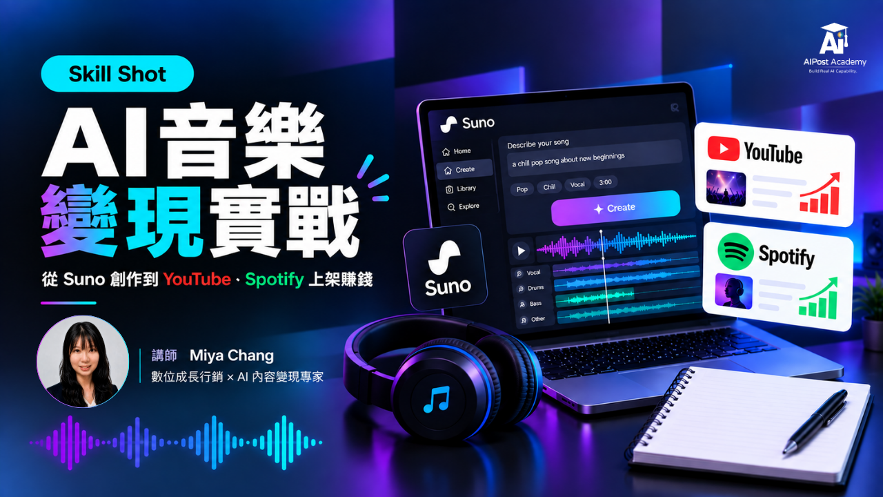 Skill Shot 11｜AI 音樂變現實戰：從 Suno 創作到 YouTube、Spotify 上架賺錢 的產品圖片