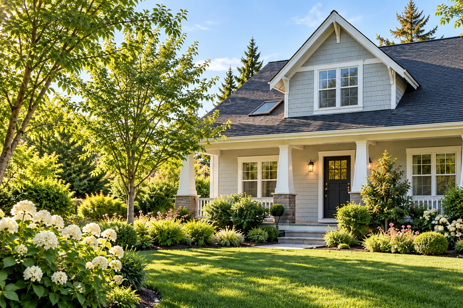 A detached single-family home with a welcoming porch and maintained landscaping