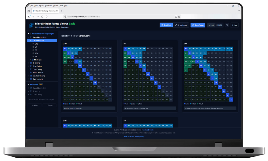 Range Viewer Basic in grid mode showing UTG, MP, and CO positions side by side