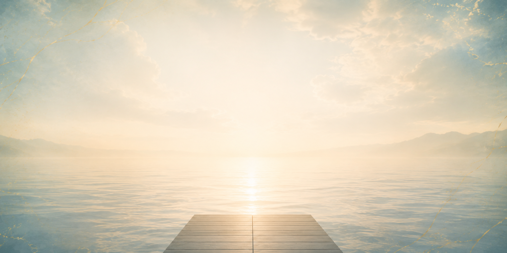 Calm the Noise guided meditation invitation with a peaceful sunrise, calm water, and a quiet dock leading toward the horizon.