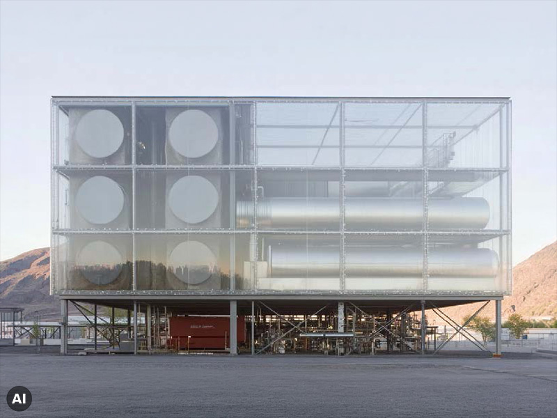 AI-generated industrial architecture with stacked projecting platforms and large silver ducts.