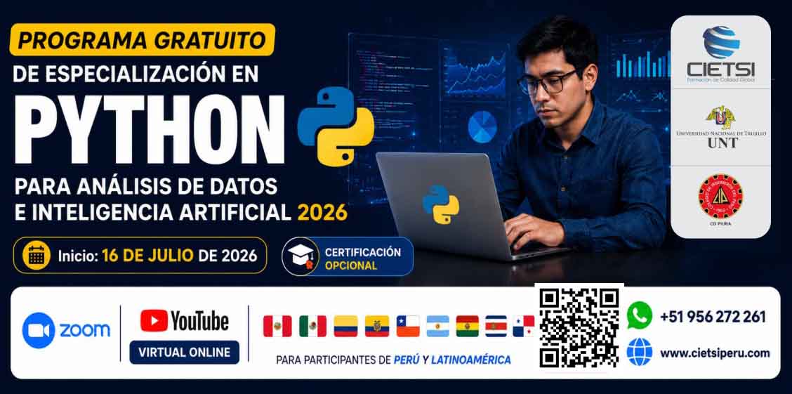 Imagen de producto para PROGRAMA GRATUITO DE ESPECIALIZACIÓN EN PYTHON PARA ANÁLISIS DE DATOS E INTELIGENCIA ARTIFICIAL 2026