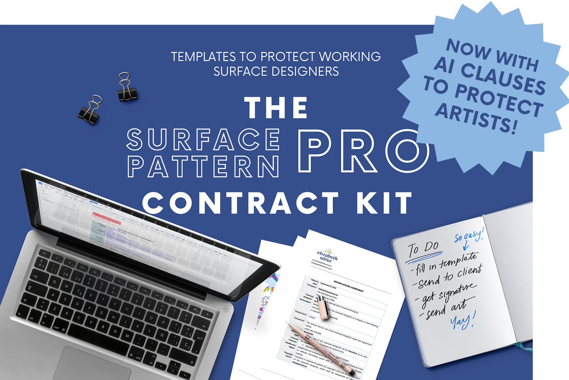 banner reading The surface pattern pro contract kit with a flat lay of a laptop and printed contract templates as well as a to-do list notebook. side had a callout that reads now with gen ai protection clauses!