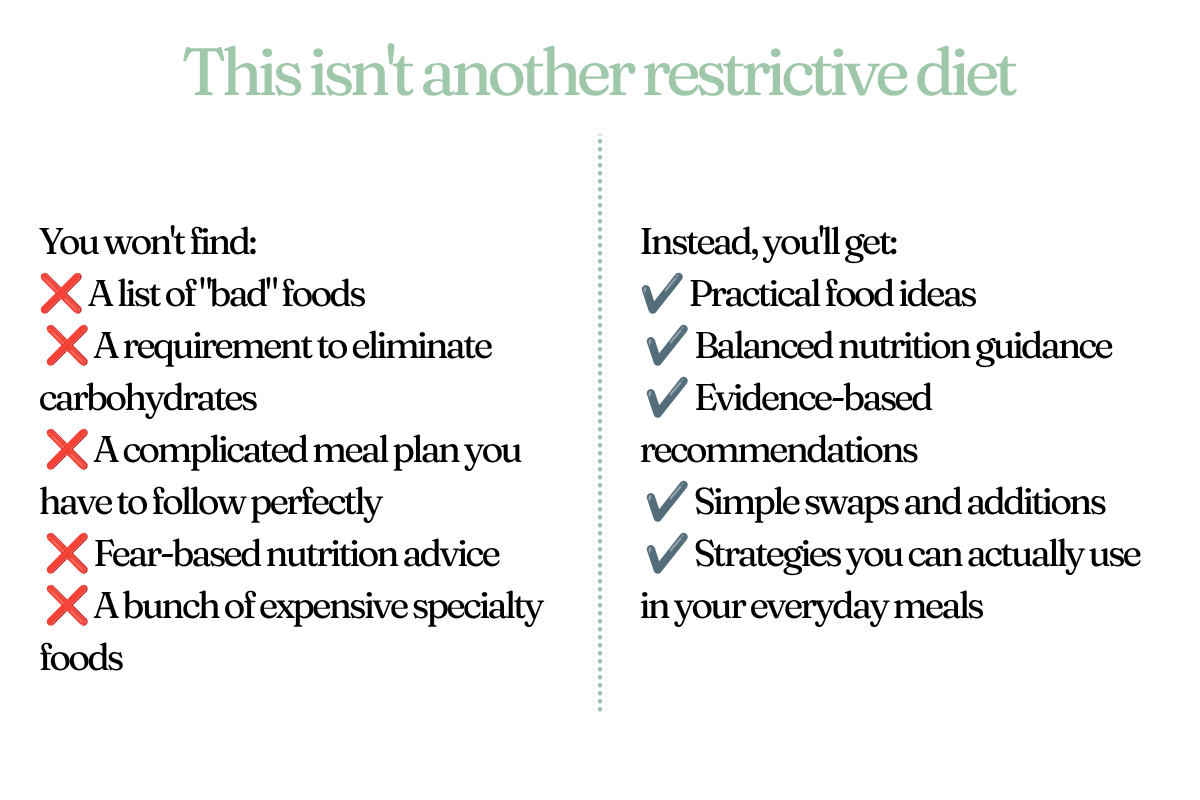 This isnt another restrictive diet. You wont find: ❌ A list of bad foods  ❌ A requirement to eliminate carbohydrates  ❌ A complicated meal plan you have to follow perfectly  ❌ Fear-based nutrition advice  ❌ A bunch of expensive specialty foods. Instead, youll get: ✔️ Practical food ideas  ✔️ Balanced nutrition guidance  ✔️ Evidence-based recommendations  ✔️ Simple swaps and additions  ✔️ Strategies you can actually use in your everyday meals.