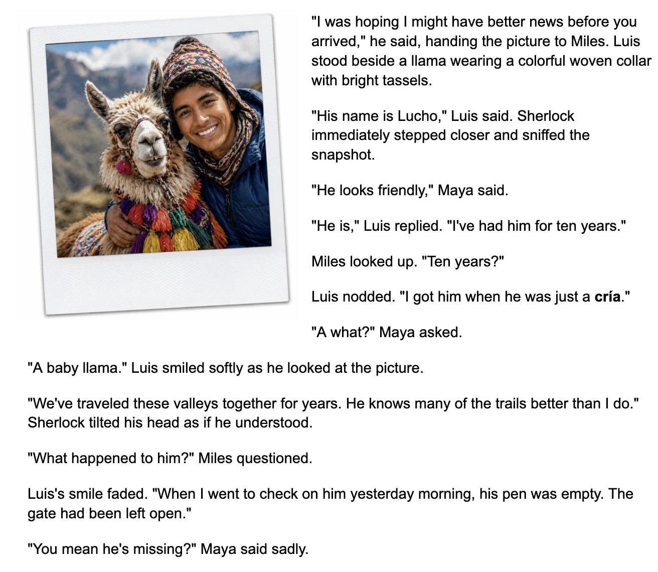 A page of the MM2 Week 1 storyline: Luis's photo of his llama, Lucho