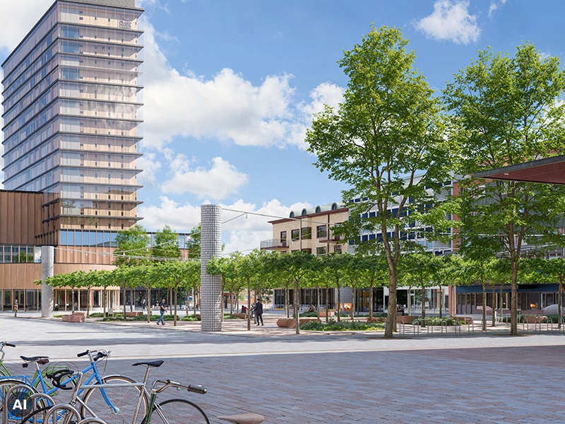 AI-refined public square with a tall glazed building, trees, pedestrians and bicycles.
