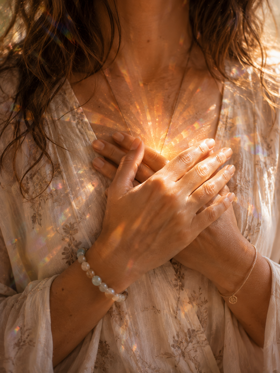 Close-up of hands resting over the heart, illuminated by warm golden light in a peaceful, meditative moment.