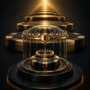 Golden staircase and locked poker chips representing the ego trap of being good at poker