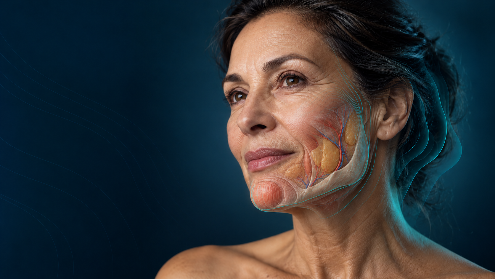Illustrative chin and jawline structural overlay on a mature face